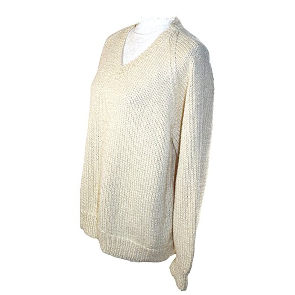 Hand Knit Custom Designer Heavy Cable Calf Face Cream V-Neck Sweater Size Large - Picture 7 of 8